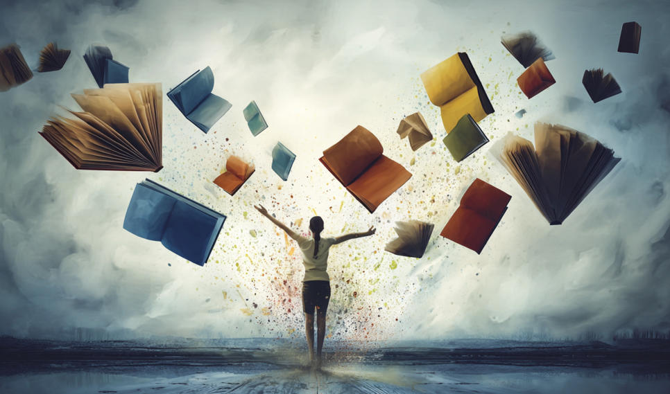 © erstellt mit Midjourney fliegende Bücher, Kind steht in der Mitte, Arme zur Seite ausgestreckt