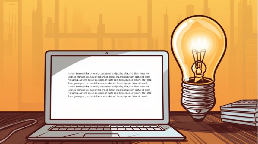 Comiczeichnung eines Computerbildschirms mit Glühbirne