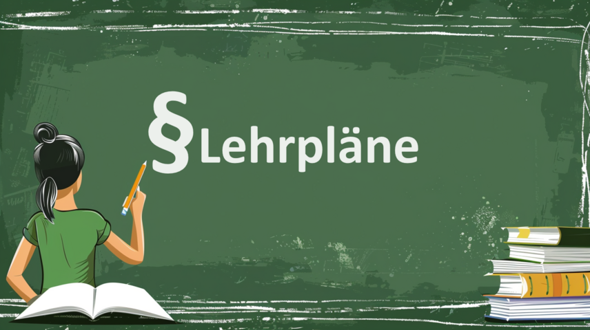 Eine Lehrerin schreibt das Wort "Lehrpläne" and die Tafen