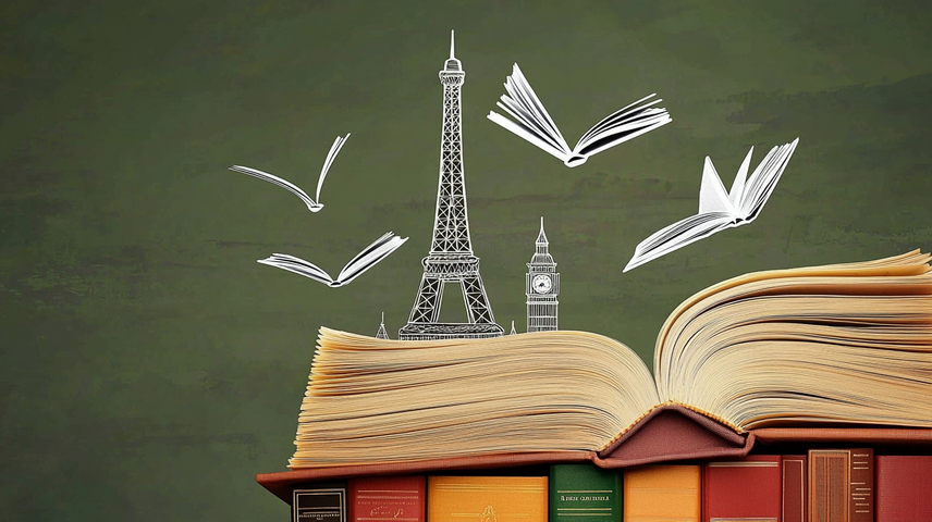 Das Bild zeigt eine künstlerische Darstellung eines aufgeschlagenen Buchs im Vordergrund. Über diesem Buch fliegen mehrere gezeichnete Bücher in die Luft, deren Seiten wie Flügel auseinanderklaffen, sodass sie wie Vögel wirken. Im Hintergrund ragen stilisierte Zeichnungen des Eiffelturms und des Big Ben auf, was ikonische Sehenswürdigkeiten von Paris und London symbolisiert. Unter dem großen aufgeschlagenen Buch sind mehrere geschlossene Bücher in verschiedenen Farben aufgereiht. Der Hintergrund ist schlicht in einem grünlich-dunklen Farbton gehalten, der das Gesamtbild ruhig und fokussiert wirken lässt.