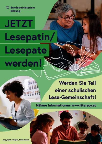 Flyer mit 3 Bildern von Lesesituationen