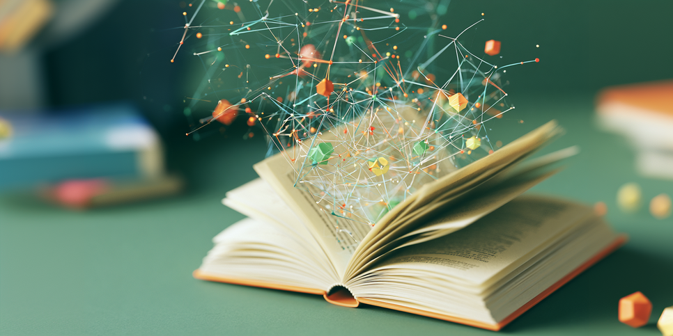 © erstellt mit Midjourney aufgeschlagenes Buch aus dem ein Netz mit kleinen Formen und Knoten nach oben zieht