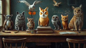 9 verschiedene teilweise phantastische Tiere sitzen auf einem Tisch vor einer Schultafel.