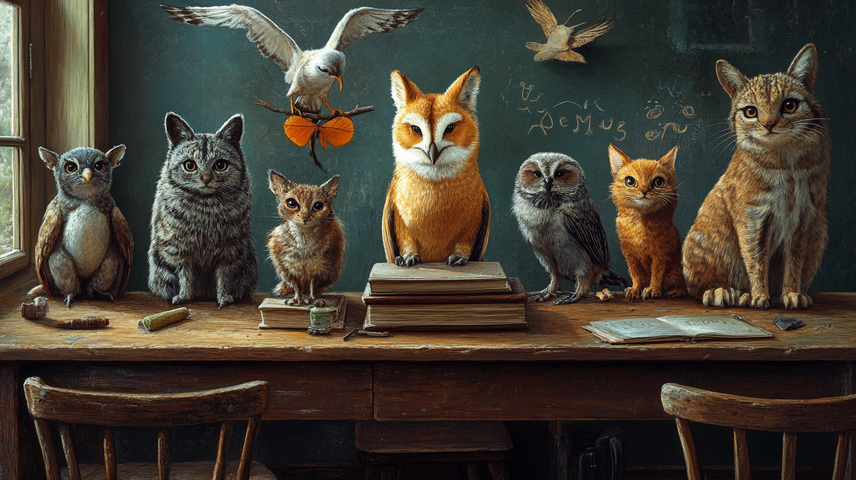 9 verschiedene teilweise phantastische Tiere sitzen auf einem Tisch vor einer Schultafel. 