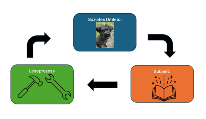 Kreislauf aus 3 Feldern beginnend mit  a) soziales Umfeld, b) Subjekt und c) Leseprozess