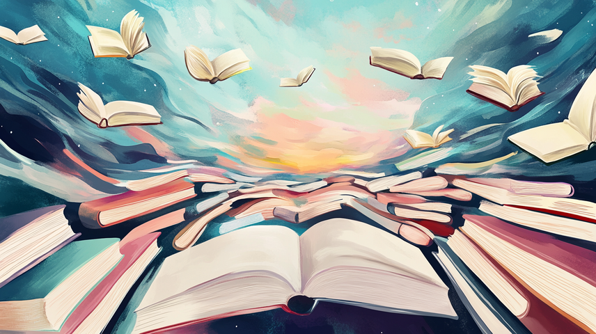 Bücher fliegen in der Luft