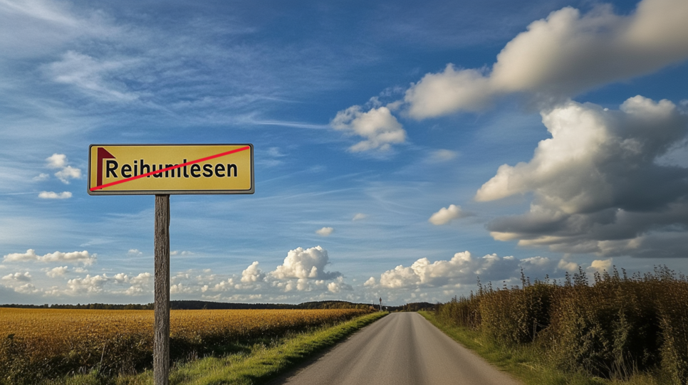 © erstellt mit Midjourney Symbolfoto: Landstraße zwischen zwei Äcker mit Schild auf dem "Reihumlesen" durchgestrichen steht.