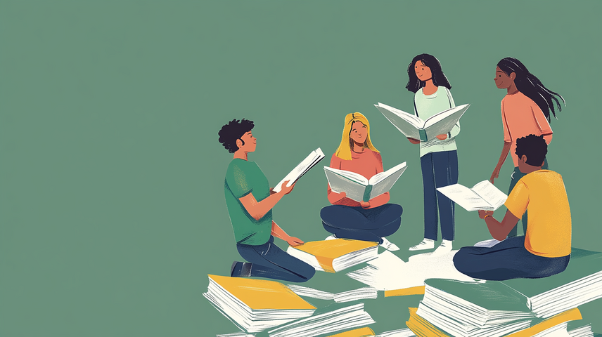 Symbolfoto: 5 Jugendlich sitzen im Kreis auf Büchern und lesen.