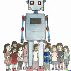 prompt: oilpainting of a roboter standing in front of a group of children