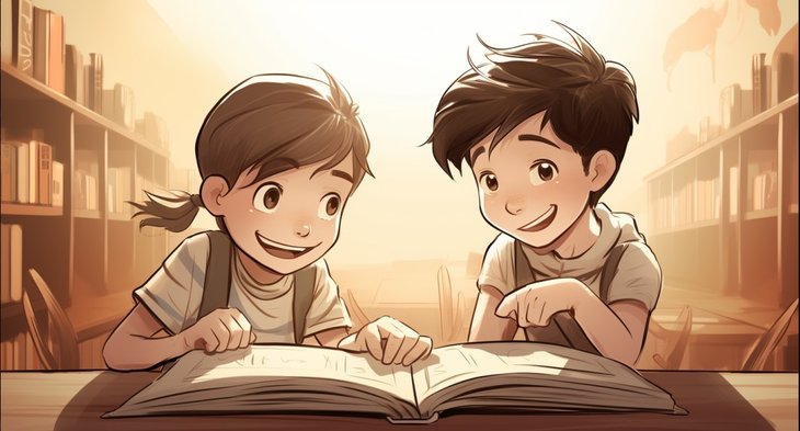 Zwei Schüler/innen lesen in einem Buch