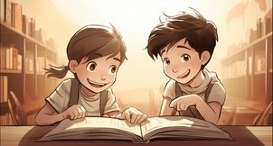 © erstellt mit Midjourney Bub und Mädchen lesen Buch
