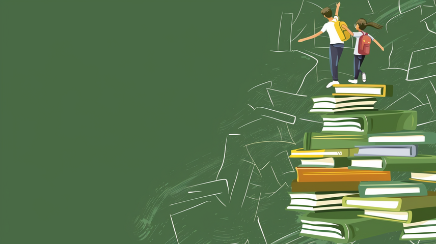 Comiczeichnung zweier junger Menschen, die auf einem sehr großen Stapel Bücher stehen.