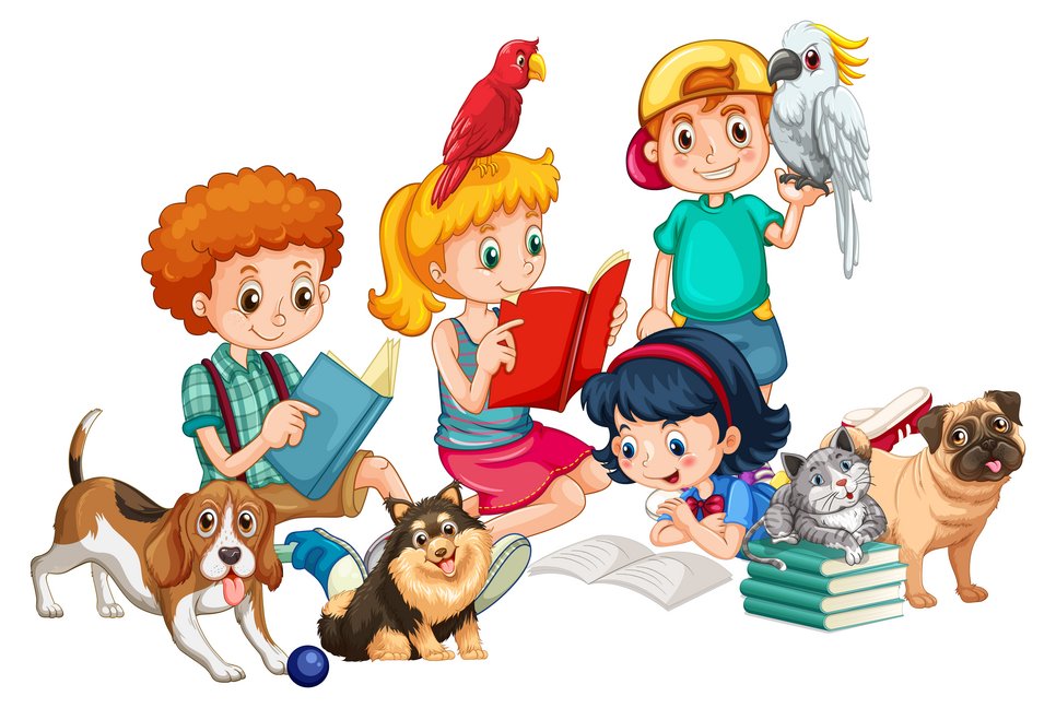 4 Kinder sitzen mit Bücher. Um sie herum sind 3 Hunde, eine Katze und 2 Papageien