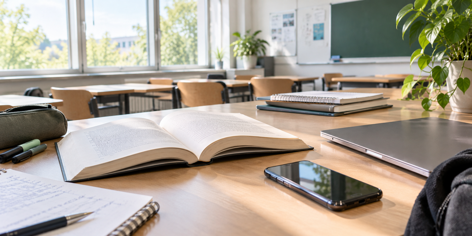 Schultisch mit Buch, Laptop, Smartphone