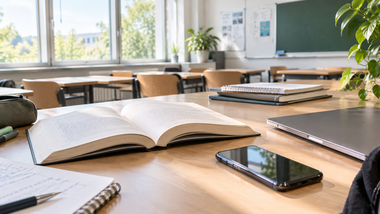 Schreibtisch mit Buch, Laptop und Smartphone